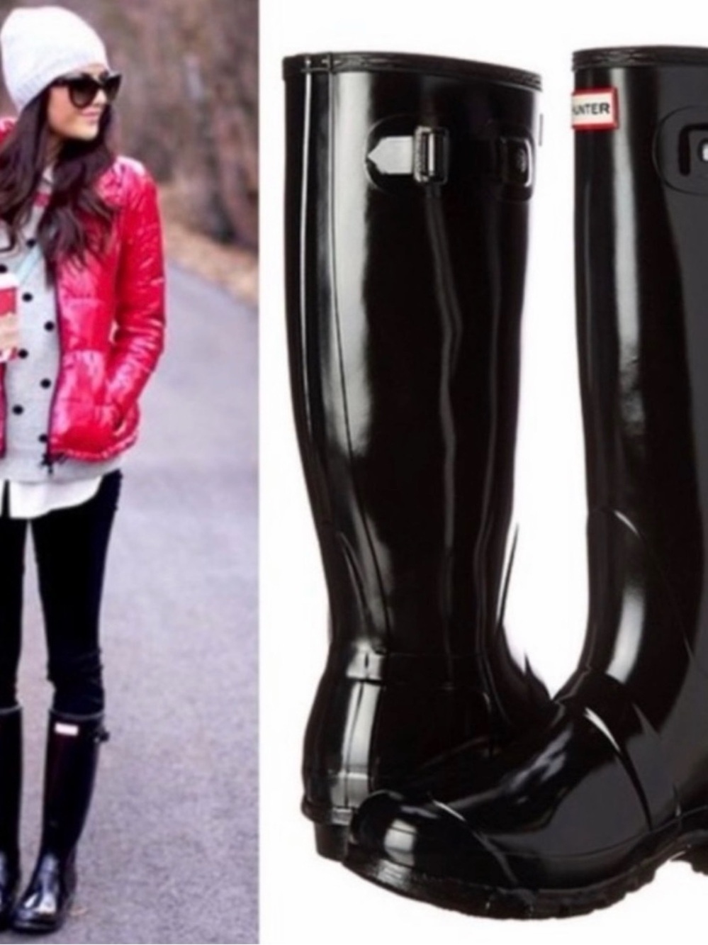Hunter Gloss Tall Waterproof Rain Boots - Black SIZE 6